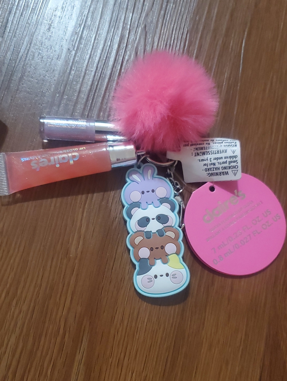 Claire's Pink Pom-Pom Keyring with Stacked Animal Charms